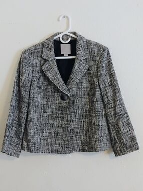 Textured Gray & White Tweed Single-Button Blazer